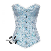 Baby Blue Brocade Long Gothic Overbust Bustier Corset